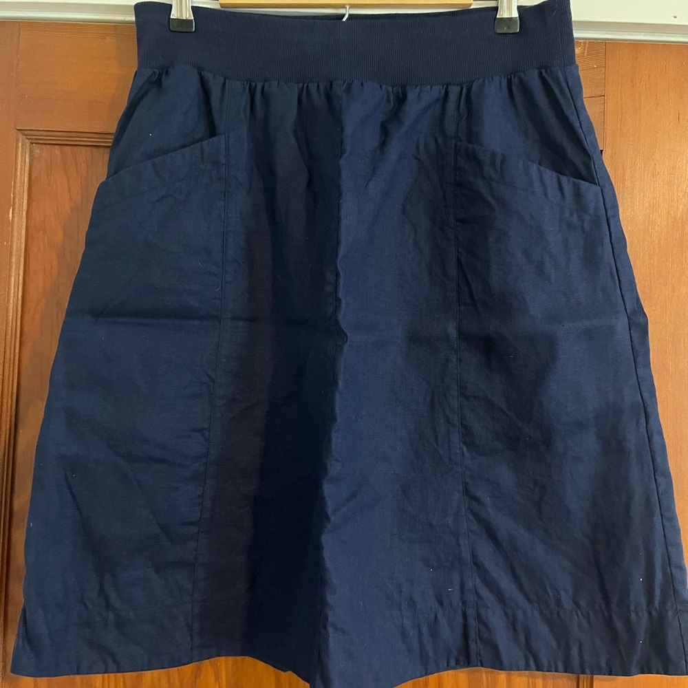 EILEEN FISHER Skirt S Organic Linen A-Line Knee Length Knit Waistband Navy Blue